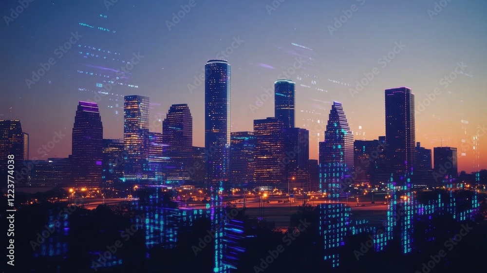 Obraz premium A dynamic city skyline illuminated at dusk accompanied by a holographic stock market ticker spiraling upwards reflecting investor optimism and economic revival.