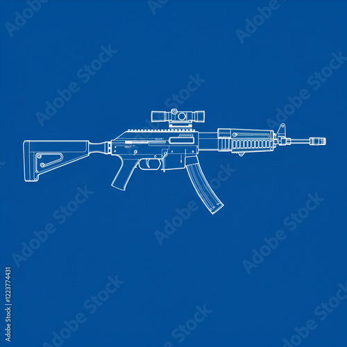 blueprint of upgraded Russian rpl 20 machine gun with collimator sight folding stock on a blue background photo