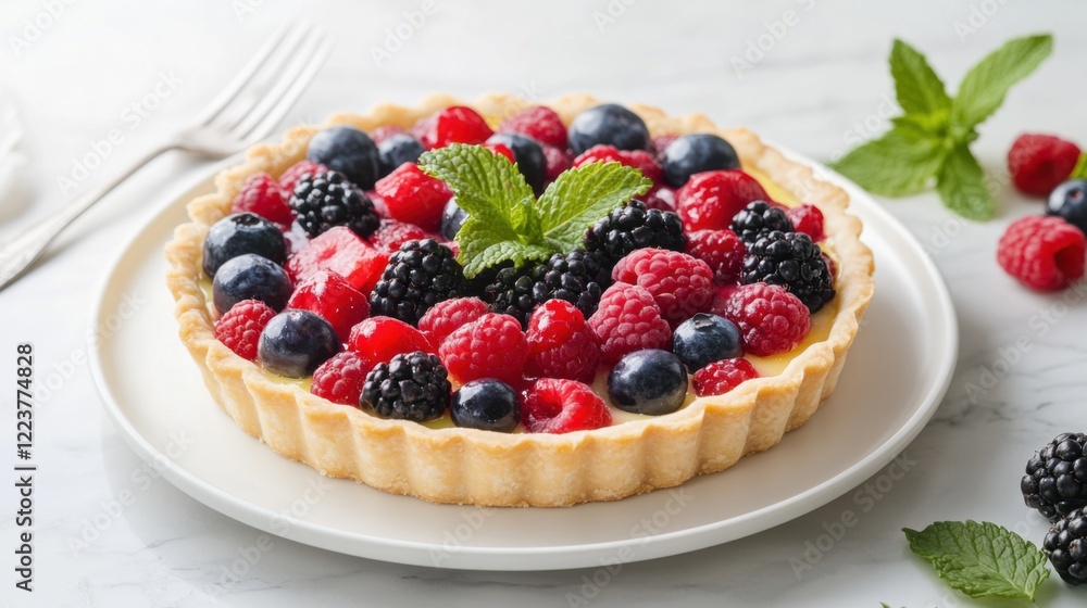 A colorful and fresh fruit tart with a buttery crust, filled with creamy custard and topped with an assortment of fresh berries, served on a white porcelain plate A colorful and fresh fruit tart with a buttery crust, filled with creamy custard and topped with an assortment of fresh berries, served on a white porcelain plate