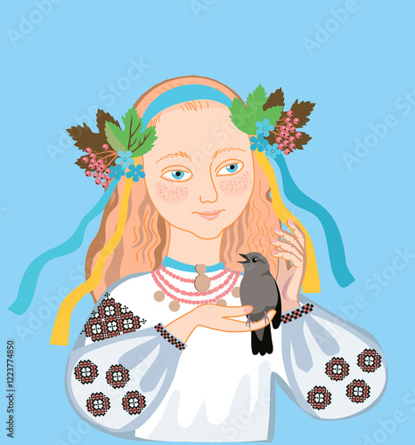 Illustration International Mother Language Day. Ukrainian girl with a nightingale.