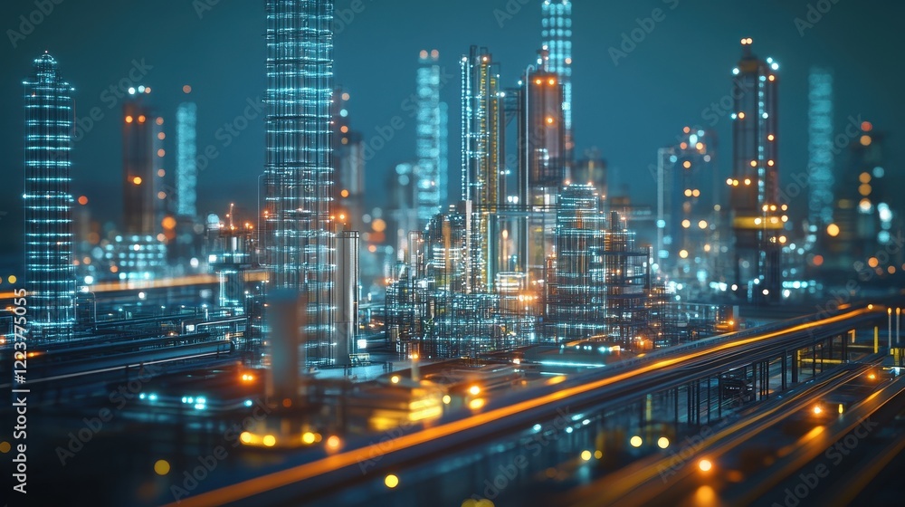 Futuristic Cityscape Illuminated Industrial Complex at Night Futuristic Cityscape Illuminated Industrial Complex at Night
