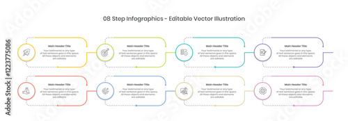 8 Steps Infographics Design Template - Graph, Pie chart, workflow layout, rectangle diagram, brochure, report, presentation, web design Editable Vector illustration