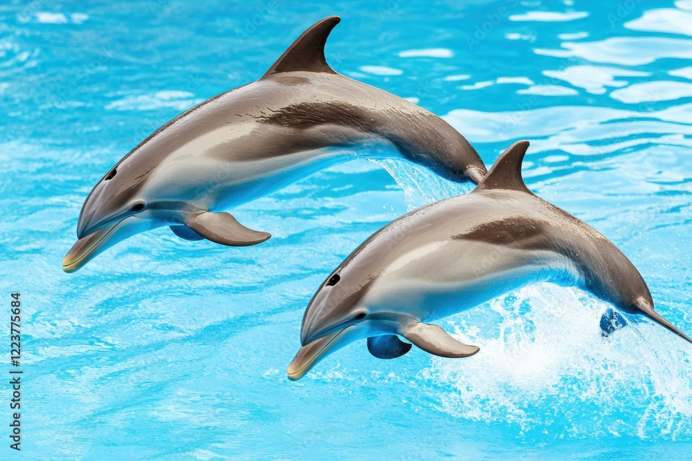 Naklejka premium Playful bottlenose dolphins leap joyfully from vibrant turquoise waves into the deep blue ocean under a soft gray-blue horizon