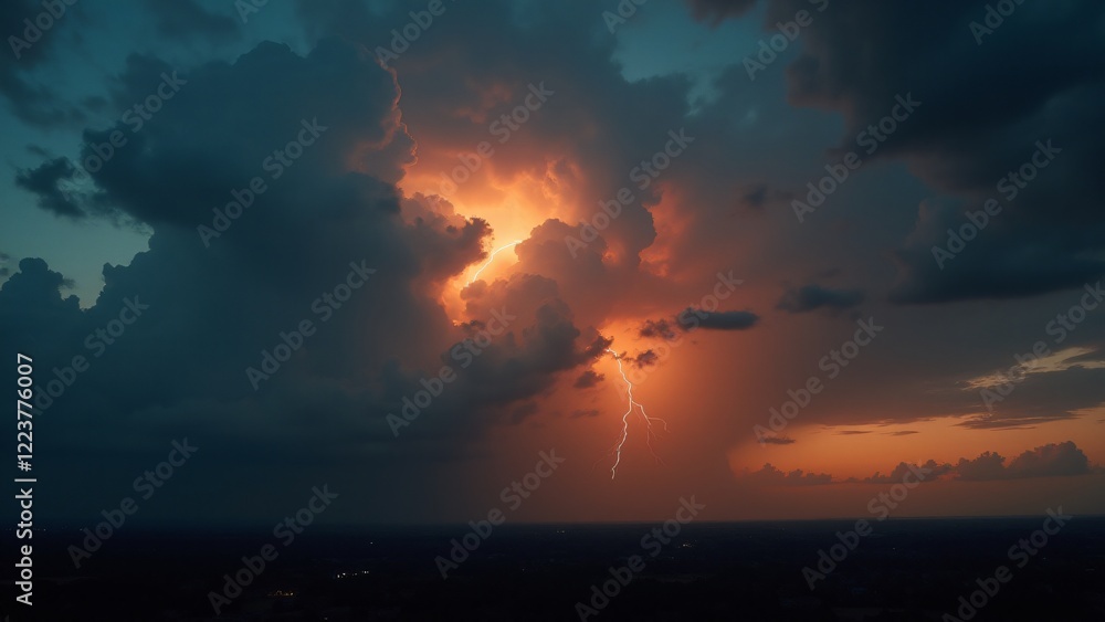 Naklejka premium A dramatic stormy sky at dusk with golden and crimson highlights, towering clouds, and distant lightning bolts illuminating the scene.