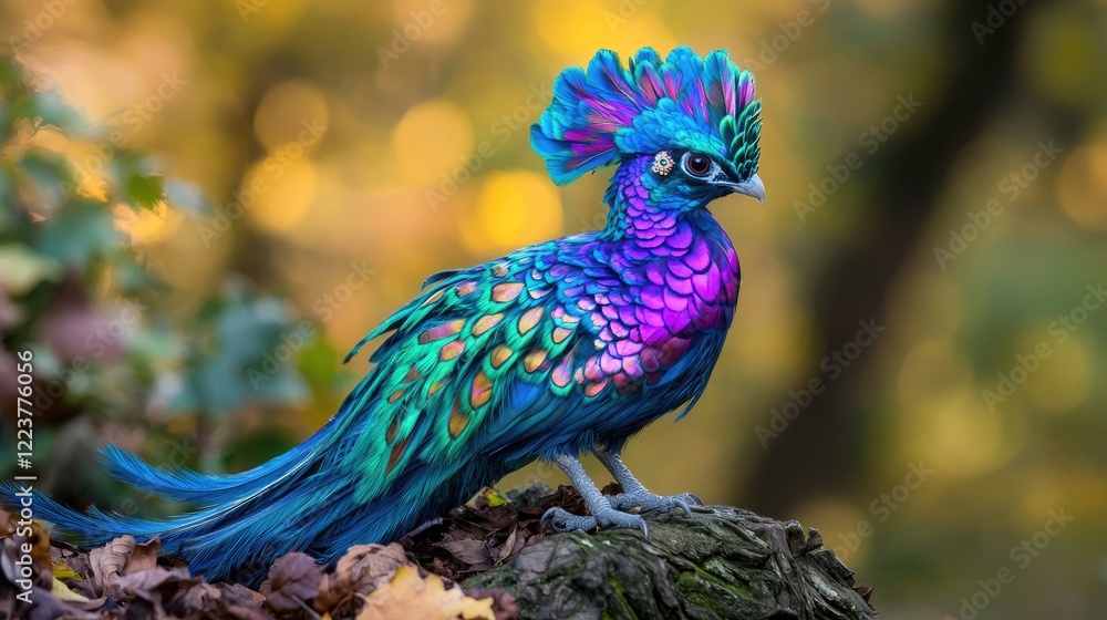 Obraz premium Vibrant fantasy bird with colorful blue and purple plumage perched on a mossy log in an autumn forest.