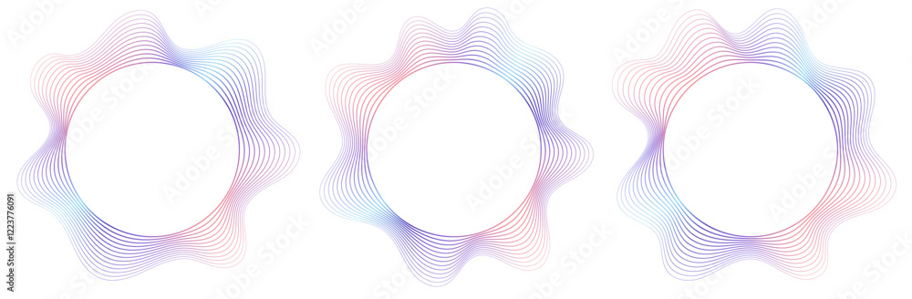 Round sound wave frames, circular lines pattern, radial curvy shapes, geometric concentric design. Vector illustration.