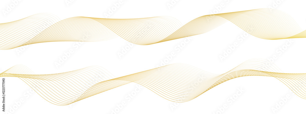 Golden line wave, abstract wavy curves, luxury flow art ribbons, elegant decoration isolated on white. Vector illustration.