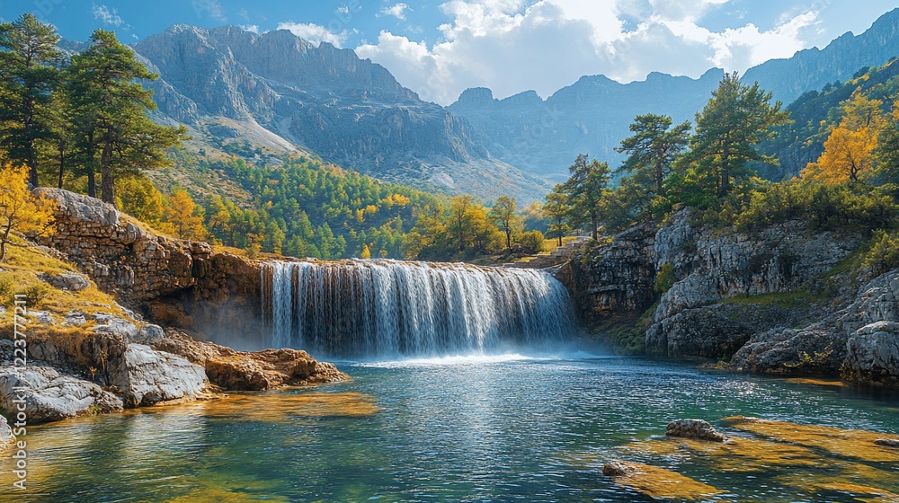 Fototapeta premium Serene Waterfall in Majestic Mountain Landscape