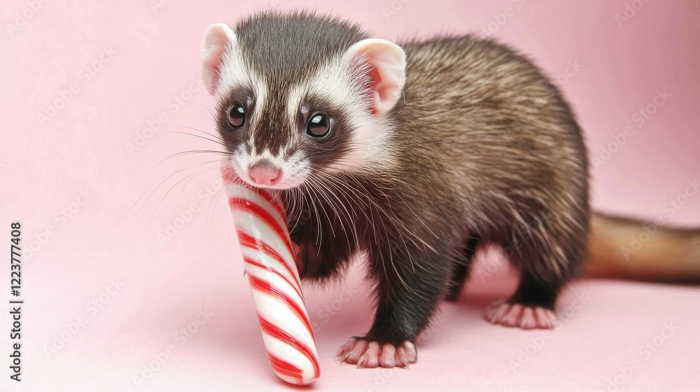 Fototapeta premium A cute and playful ferret charmingly holds a striped candy cane, displaying a whimsical and joyful nature, creating an endearing festive atmosphere.