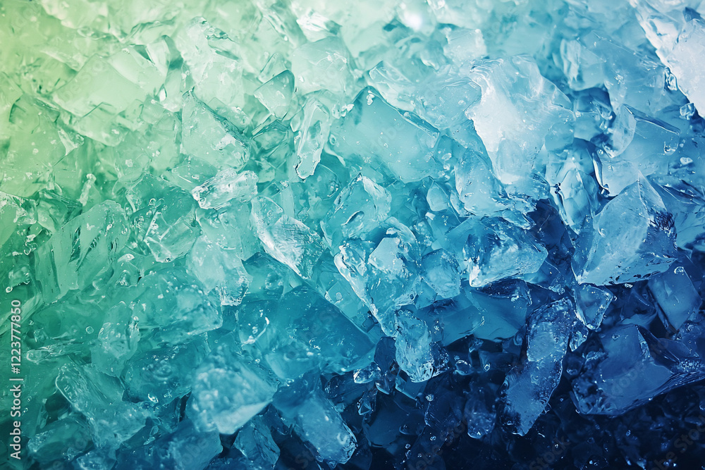 Vibrant close-up of crushed ice with shades of blue and green, creating a refreshing backdrop for beverages Vibrant close-up of crushed ice with shades of blue and green, creating a refreshing backdrop for beverages
