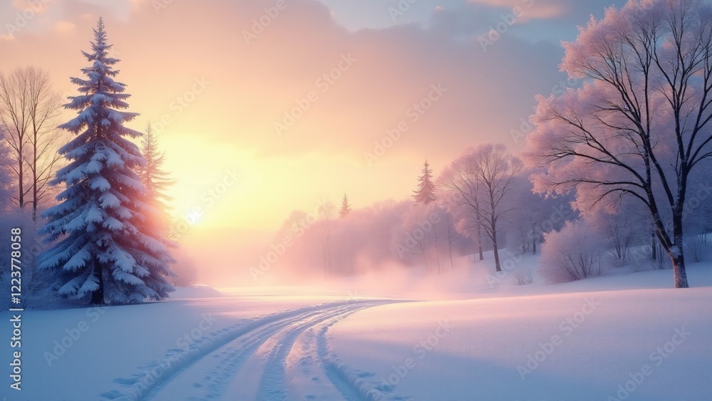 Snow-covered trees glowing in golden and lavender hues under a crisp winter sunset, with sparkling snow and serene silhouettes. Snow-covered trees glowing in golden and lavender hues under a crisp winter sunset, with sparkling snow and serene silhouettes.