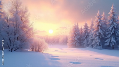 Wallpaper Mural Snow-covered trees glowing in golden and lavender hues under a crisp winter sunset, with sparkling snow and serene silhouettes. Torontodigital.ca