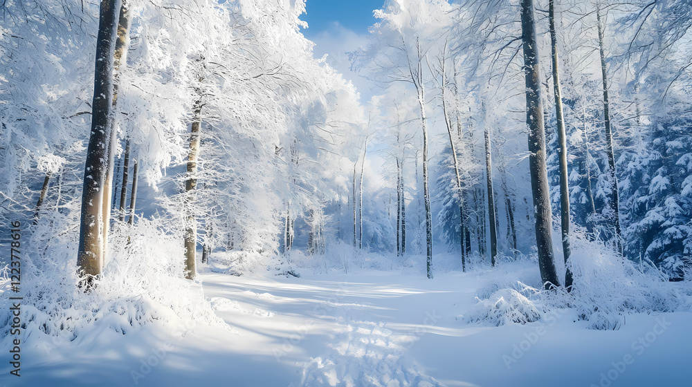 Naklejka premium Winter wonderland snowy forest scene with clear glade. Frosty Glade. Illustration