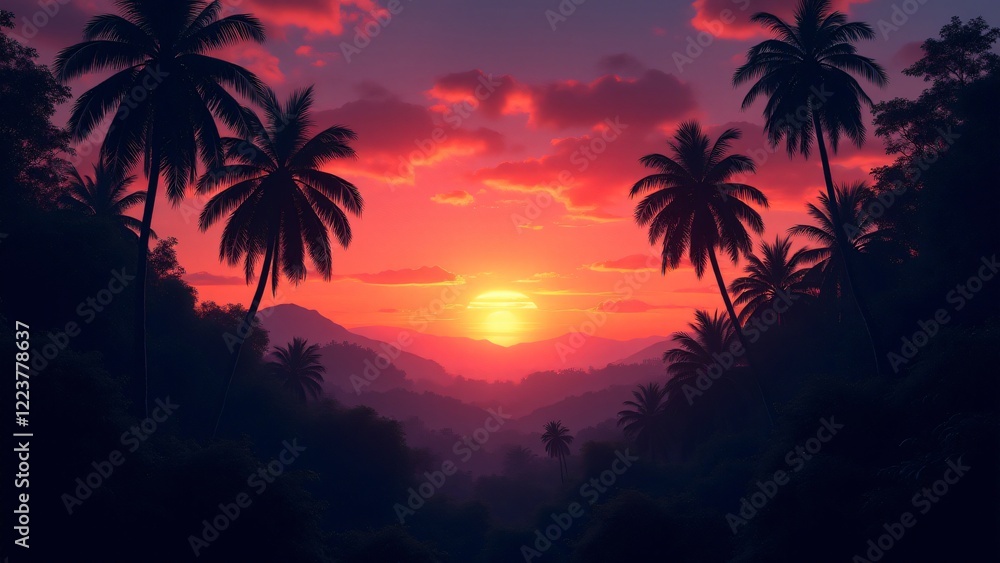 Obraz premium A tropical jungle silhouetted by a vibrant sunset sky with rich oranges, magentas, purples, and blues, blending seamlessly into night.