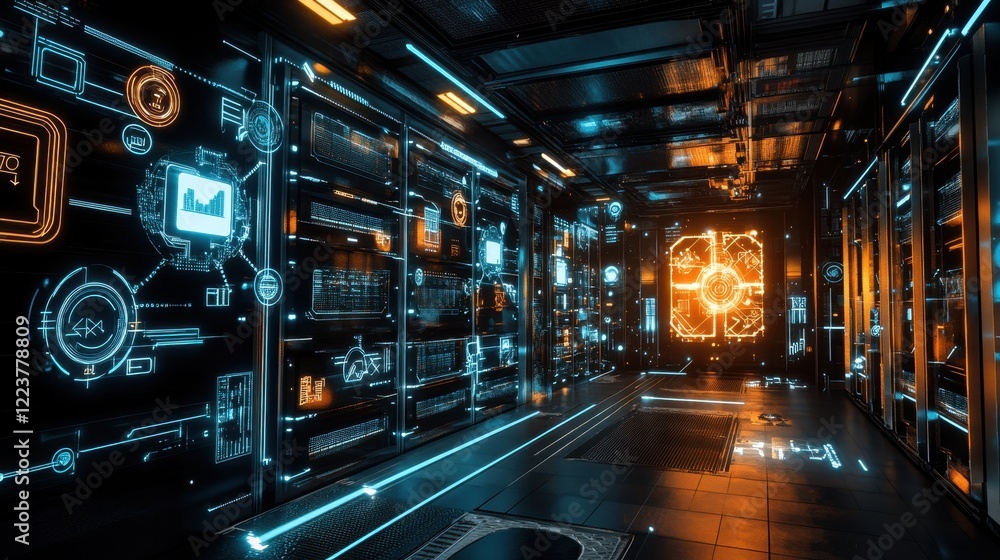 Futuristic Server Room With Holographic Interfaces Futuristic Server Room With Holographic Interfaces