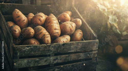 Fresh Sweet Potatoes in Crate with Rustic Background photo