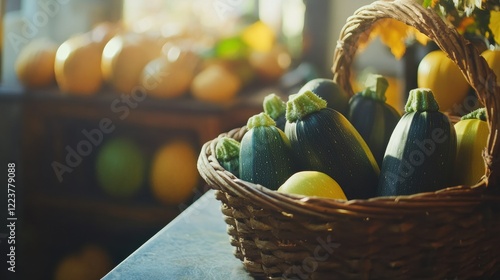 Fresh zucchini and squash in wicker basket on count 3 -gigapixel-high fidelity v2-6x photo