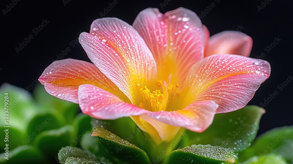 Dew-kissed succulent blossom close-up, dark background. Ideal for botanical prints Dew-kissed succulent blossom close-up, dark background. Ideal for botanical prints