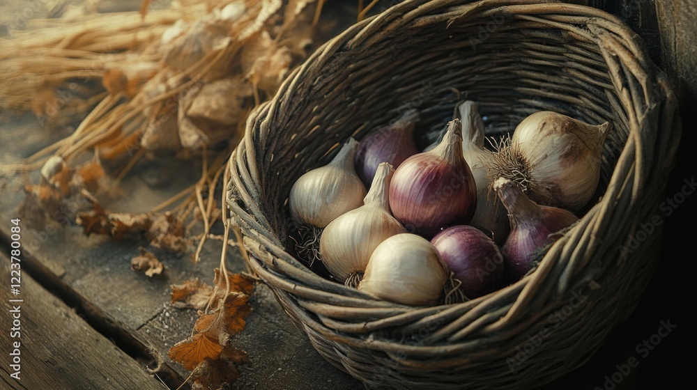 Freshly harvested onions and garlic in wicker basket