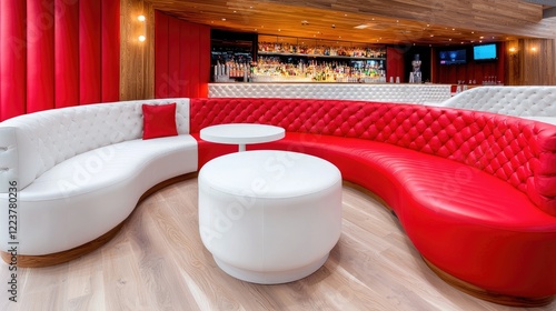 Red and white curved booths in a stylish bar lounge.  Possible use Interior design magazine photo