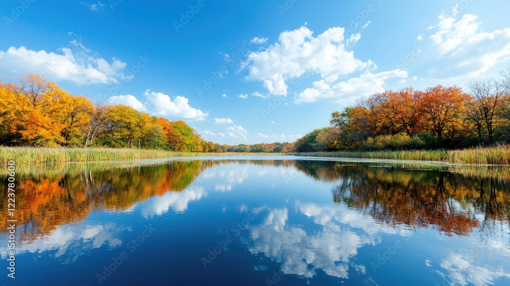 Autumn lake reflection, colorful trees, sunny sky, peaceful nature scene, ideal for calendars Autumn lake reflection, colorful trees, sunny sky, peaceful nature scene, ideal for calendars