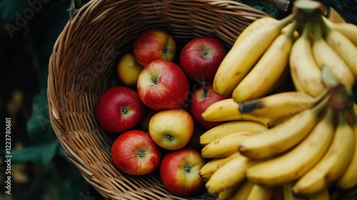 Freshly picked apples and bananas in wicker basket