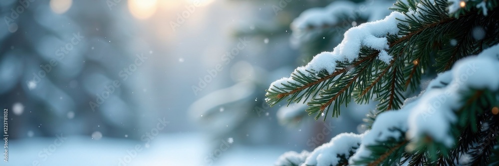Snowflakes gently fall around a fir tree's snow-covered branches, snow, stillness Snowflakes gently fall around a fir tree's snow-covered branches, snow, stillness