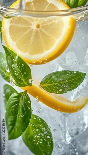 Closeup of Refreshing Lemon Basil Drink with Ice photo