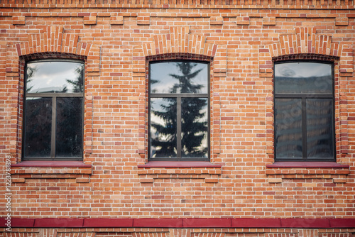 Arched windows reflecting lush trees on a textured brick wall of a building in russia, creating a picturesque urban scene