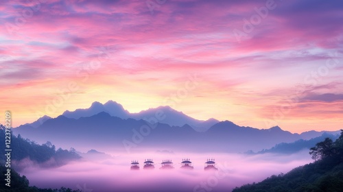 Wallpaper Mural Misty sunrise over mountains, boats on lake, serene landscape, travel postcard Torontodigital.ca