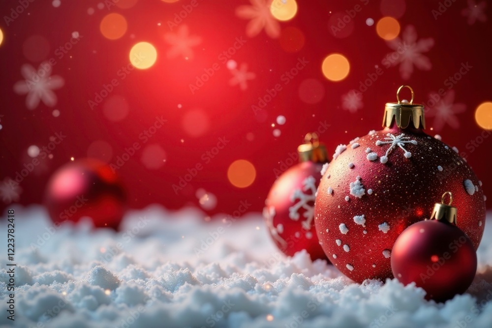 Snowflakes gently fall on a festive red and golden background, lights, background, ornaments Snowflakes gently fall on a festive red and golden background, lights, background, ornaments