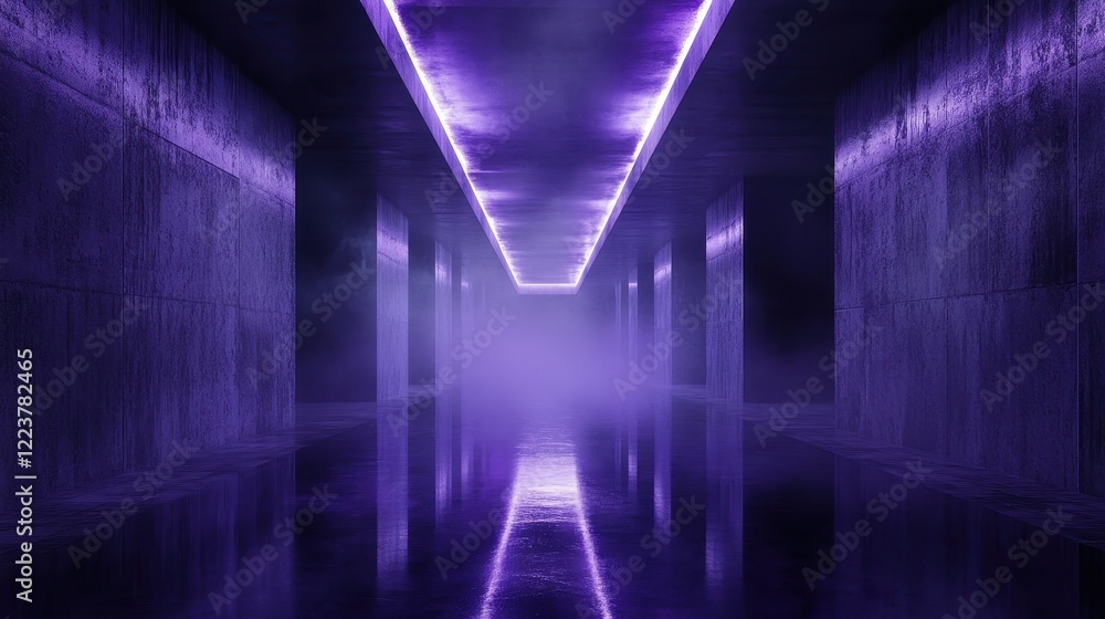 Fototapeta premium Purple Neon Lit Concrete Corridor With Reflections
