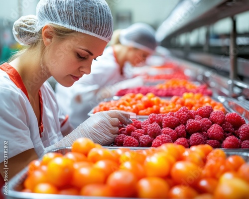 High-Quality Prepackaged Food Production Dedicated Workers Maintaining Strict Safety Standards and Consistent Quality Control in a Modern Food Processing Facility Images showcase meticulous food photo