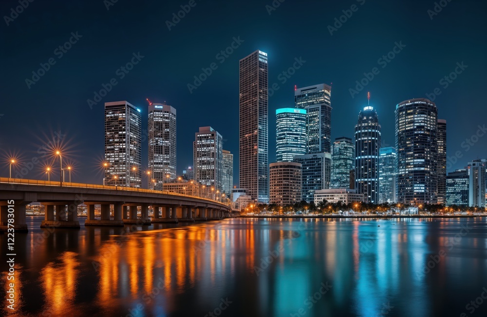 Naklejka premium Miami downtown skyline panorama at night. Skyscrapers reflect in calm water. City lights illuminate buildings. Concrete bridge spans waterway. Urban landscape, night view, florida city.