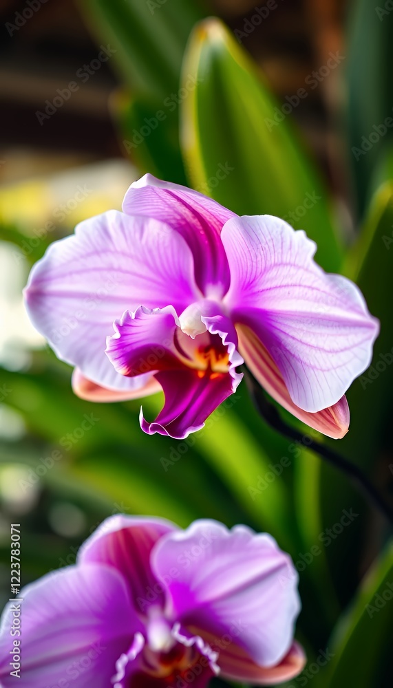 Closeup Pink And Purple Orchid Blossom With Green Leaves