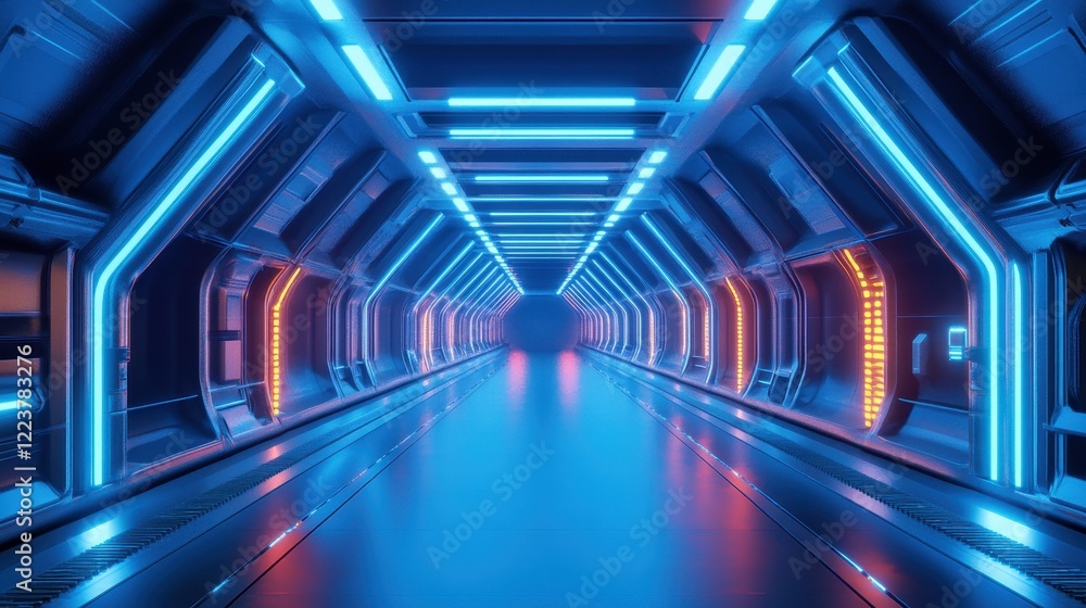 Fototapeta premium Futuristic Neon Lit Spaceship Corridor