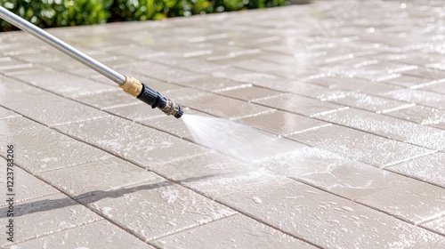 Patio power washing cleaning paving stones outdoors