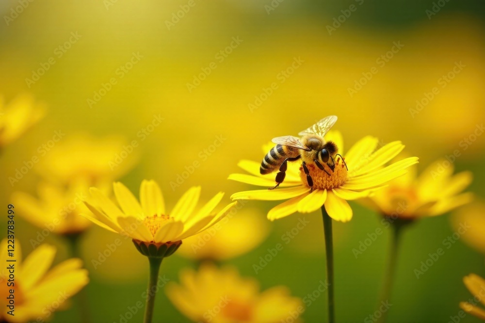 Naklejka premium Beautiful bee amidst a sea of yellow daisies, nature, flowers