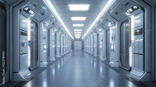 Futuristic spaceship corridor with illuminated doors and walls
