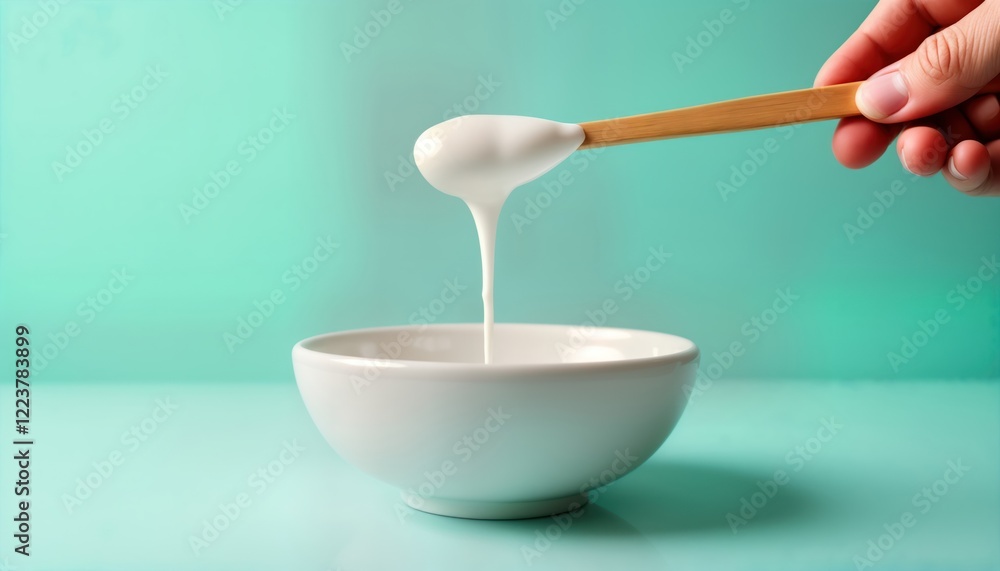 White glue drips from wooden stick into white bowl. Closeup view on turquoise background. Product shot for craft projects DIY home improvement. Material testing viscosity study. Home decor craft White glue drips from wooden stick into white bowl. Closeup view on turquoise background. Product shot for craft projects DIY home improvement. Material testing viscosity study. Home decor craft