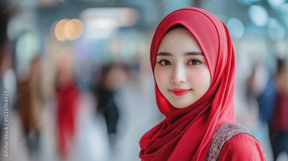 Young Woman Wearing a Red Hijab in a Public Place Young Woman Wearing a Red Hijab in a Public Place