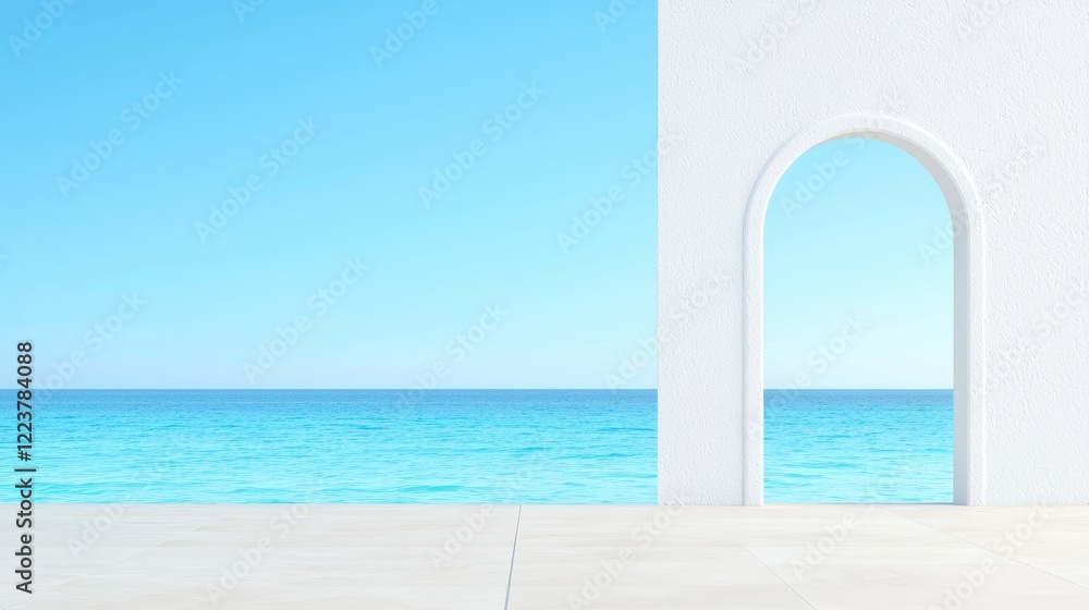 Ocean view through arched doorway; serene coastal scene; summer vacation postcard Ocean view through arched doorway; serene coastal scene; summer vacation postcard
