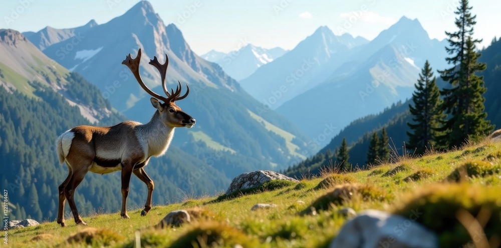Caribou in mountainous terrain, mountains, arctic Caribou in mountainous terrain, mountains, arctic