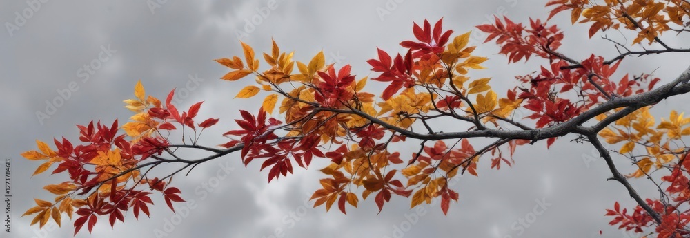 A branch laden with bright red and yellow leaves against a soft gray sky, yellow leaves, autumn colors, autumn foliage A branch laden with bright red and yellow leaves against a soft gray sky, yellow leaves, autumn colors, autumn foliage