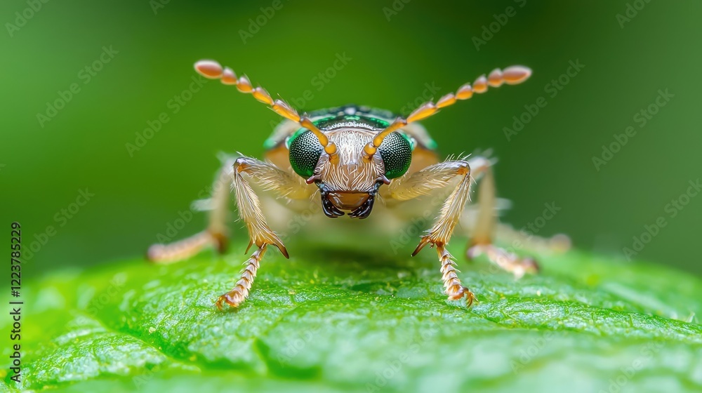 Fototapeta premium Green beetle macro shot on leaf, nature background, insect photography for science or nature publications