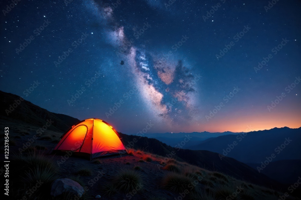 A lone tent set up on a hill overlooking a star-filled night sky, hill, landscape, tent A lone tent set up on a hill overlooking a star-filled night sky, hill, landscape, tent