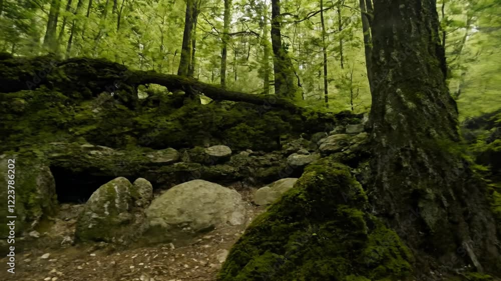 Slow pan across a serene woodland, ancient stones rest peacefully amongst twisted tree trunks, all under soft ambient light, the atmosphere is calm Slow pan across a serene woodland, ancient stones rest peacefully amongst twisted tree trunks, all under soft ambient light, the atmosphere is calm