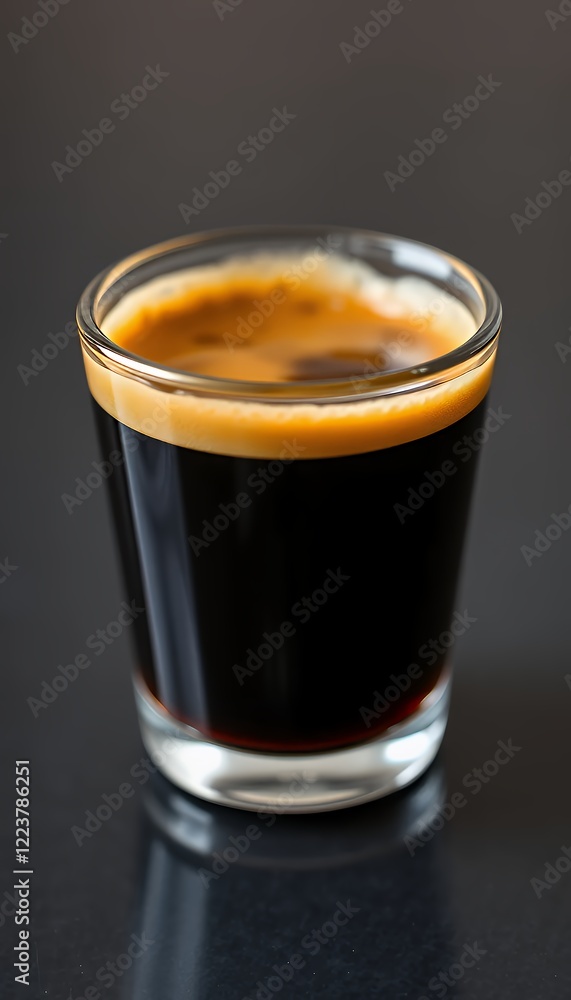 Espresso Shot in a Clear Glass on Dark Background Espresso Shot in a Clear Glass on Dark Background