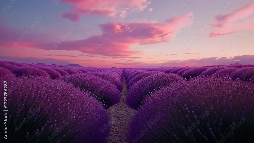 Vibrant lavender fields under a colorful sunset sky with soft clouds and distant hills Vibrant lavender fields under a colorful sunset sky with soft clouds and distant hills