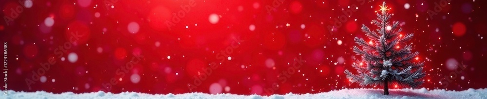 Snowflakes gently fall onto a bare Christmas tree against a red backdrop, winter, snowy Snowflakes gently fall onto a bare Christmas tree against a red backdrop, winter, snowy